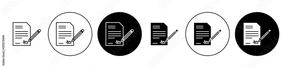 Poster signature in documents icons set in black filled and stroke line style