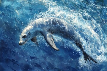 Obraz premium sea lion dives beneath the ocean surface, its body cutting through the water with precision and agility.