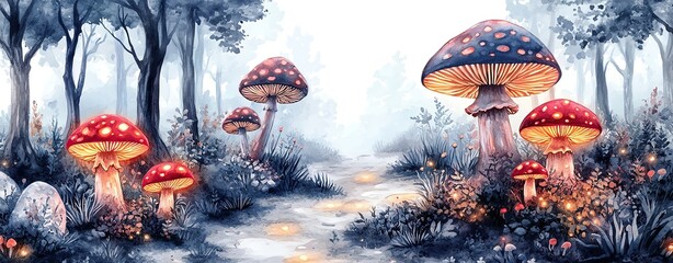 Collection set watercolor magical fairytale forests with glowing mushrooms and enchanted paths, on a white background