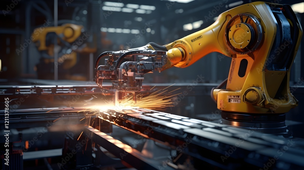Poster sophisticated laser guided robotic precision arm performing intricate tasks in a high tech manufactu