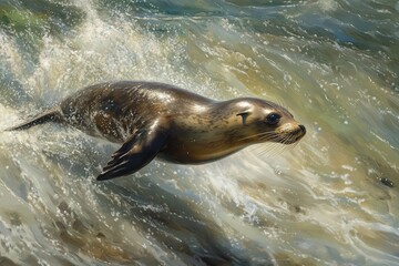 Obraz premium sea lion dives gracefully into the ocean, its streamlined body cutting through the water with fluid motion.