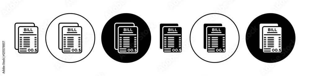 Poster stack of bills icons set in black filled and stroke line style