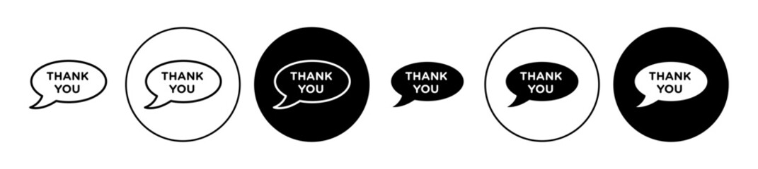 Speech bubbles thank you icons set in black filled and stroke line style