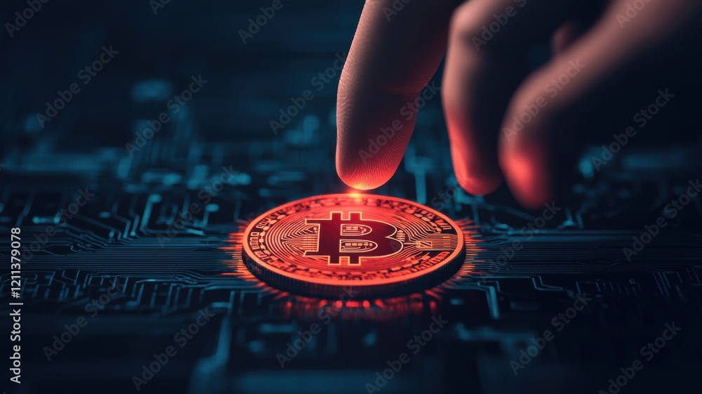 Poster a close-up of a hand touching a glowing bitcoin on a circuit board.