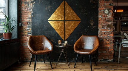 Elegant Loft Interior Design with Golden Geometric Wall Art and Brown Leather Chairs