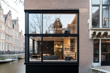 Modern architecture in Amsterdam features a large glass facade showcasing cozy interior design along the picturesque canal at dusk