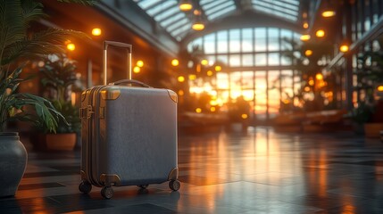 A sleek suitcase awaits in a beautifully lit terminal at sunset.
