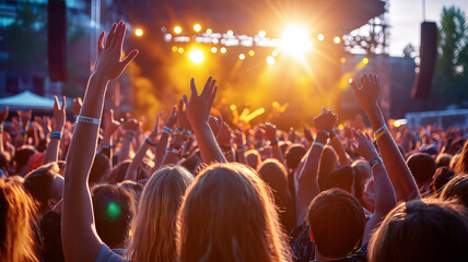 Crowd at a music festival raising hands up in the air
