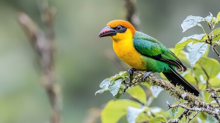 Fototapeta premium Colorful bird perched on branch, rainforest background, wildlife photography, nature poster