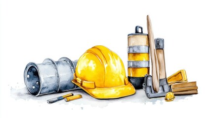 Construction Tools and Safety Gear in Watercolor Style Illustration