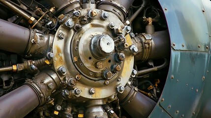 Fototapeta premium A large, old-fashioned airplane engine with many bolts and nuts