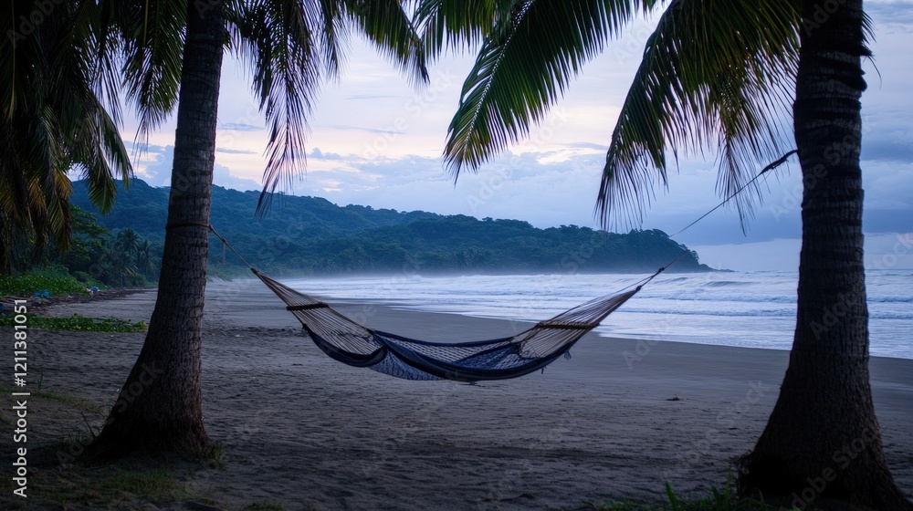 Poster a serene image of a hammock strung between two palm trees on a tropical beach, with waves lapping th