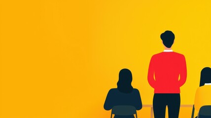 A person presenting in front of an audience against a yellow backdrop.