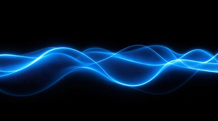 Obraz premium Glowing blue waves with digital dot pattern on a dark background. Abstract concept representing technology, sound waves, or futuristic design. Ai generative