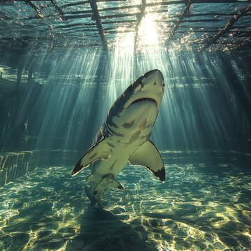 Shark swims, sunlit underwater scene.