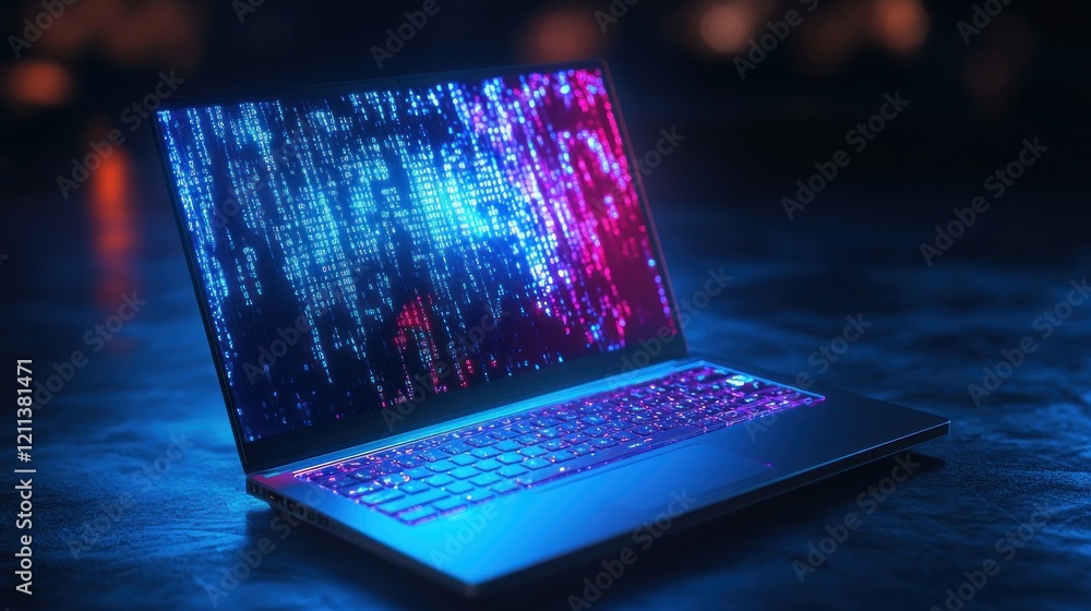 Poster cyberpunk neon laptop with binary code display