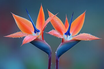 Obraz premium Two Bird of Paradise Flowers Dew Drops