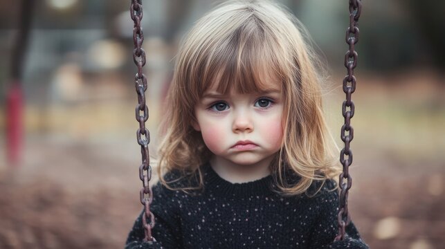 A young child sitting alone on a swing in an empty playground, with a sad, distant look in their eyes.