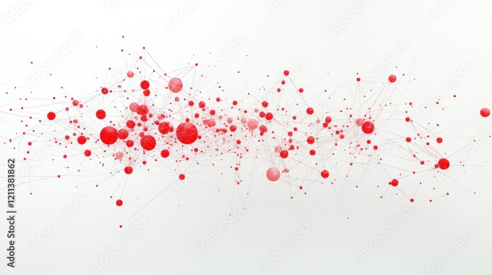 Poster red network nodes connecting; white background; data visualization
