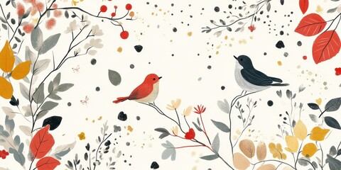 Naklejka premium Two Birds Perched Amongst Autumnal Branches And Flowers