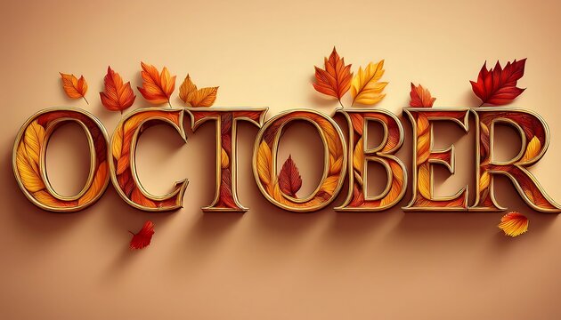 October 3D Text with Vibrant Autumn Leaves in Red, Yellow, and Orange