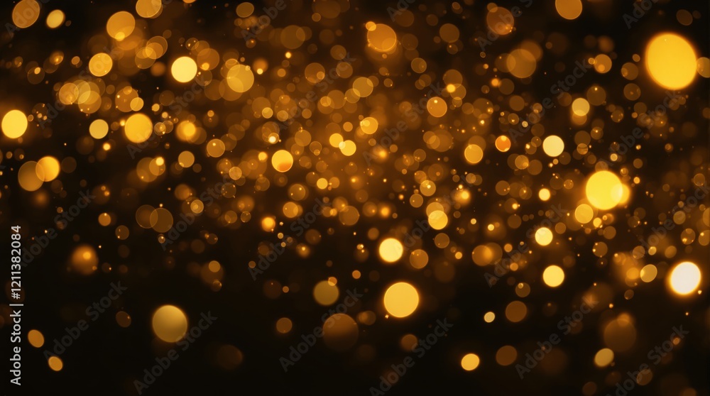 Poster glowing golden bokeh lights with circular patterns on a dark background. concept of festive ambiance