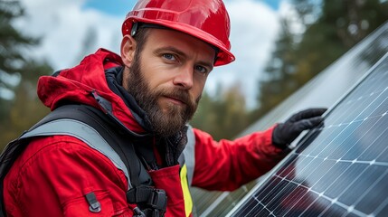 A worker adjusts a solar panel, promoting sustainable energy solutions outdoors.