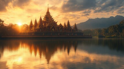 Fototapeta premium A serene image of a majestic Buddhist temple at sunrise, with a calm pond reflecting its intricate architecture