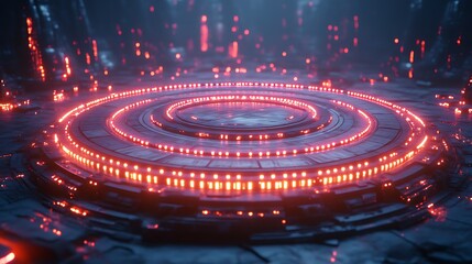 Futuristic Circular Platform With Red Lights Technology