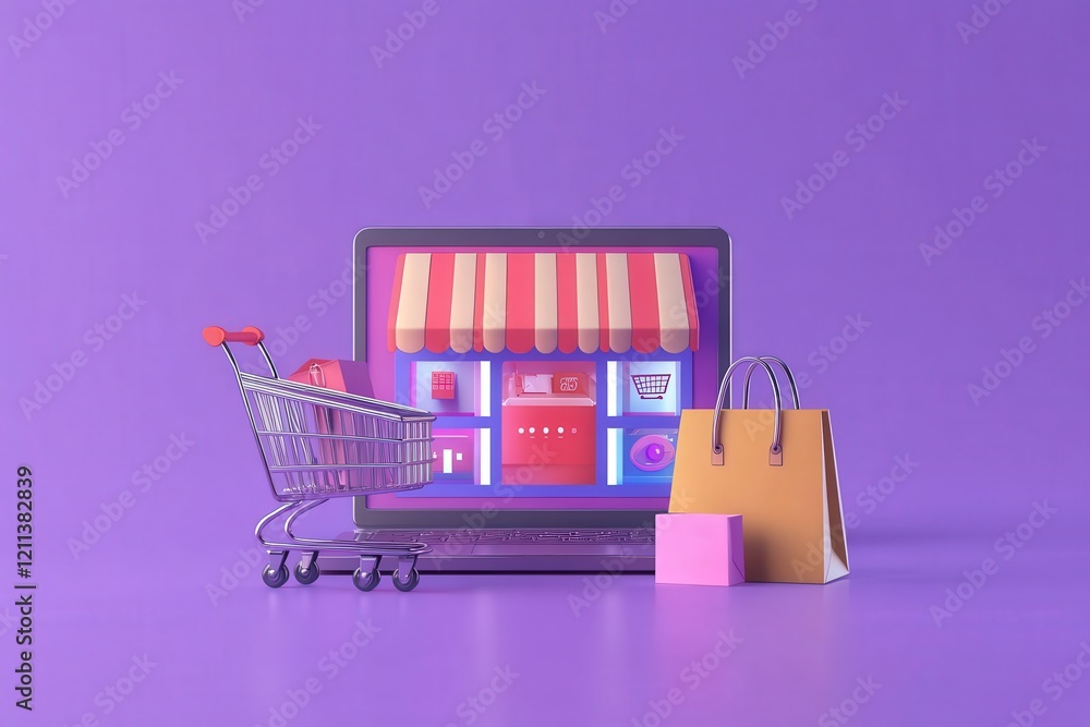 Poster shopping cart filled with product package boxes and a stylish shopping bag sits beside a laptop disp