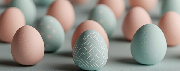 Pastel easter idea. Colorful decorated eggs arranged artistically on a smooth surface for festive celebrations.