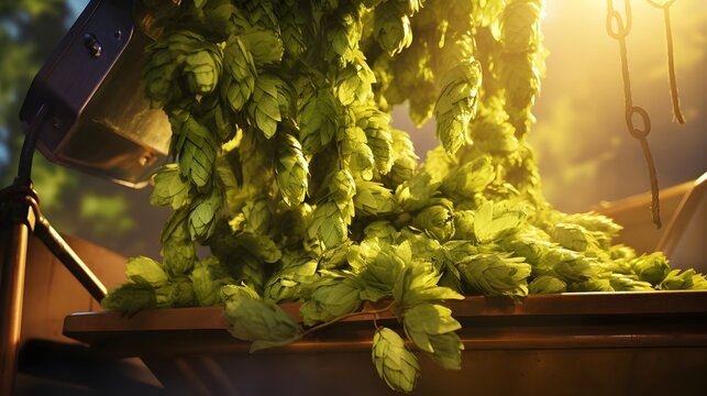 Close up detailed shot of fresh hops being added to the beer brewing process in a craft beer production facility  The golden hop cones are a key ingredient that add aroma