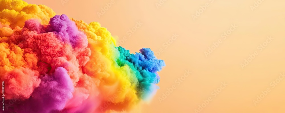 Poster rainbow holi idea. colorful smoke swirl creating vibrant artistic patterns against a warm backdrop.