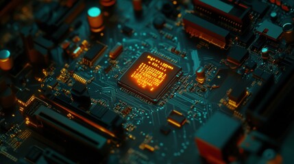 Obraz premium Glowing Circuit Board: A Close-Up of a Computer Motherboard