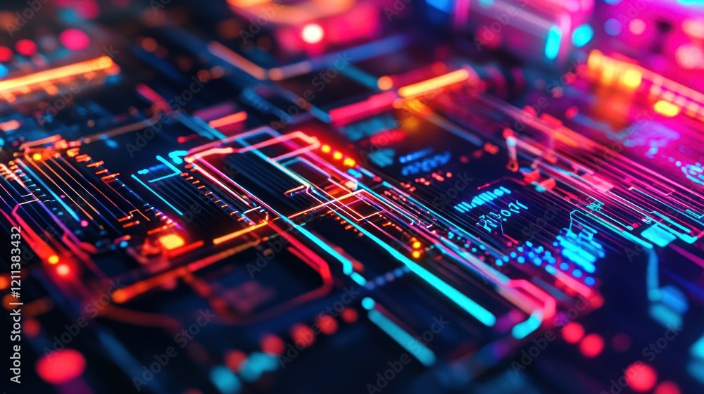 Aufkleber abstract digital circuitry: neon glow and data streams