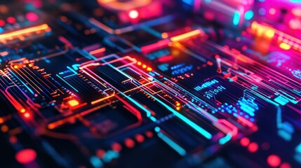 Obraz premium Abstract Digital Circuitry: Neon Glow and Data Streams