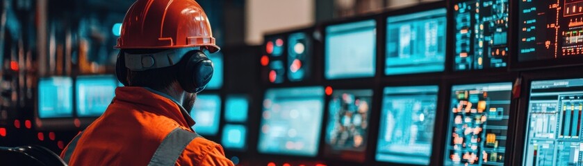 A worker monitors multiple screens in an industrial setting.