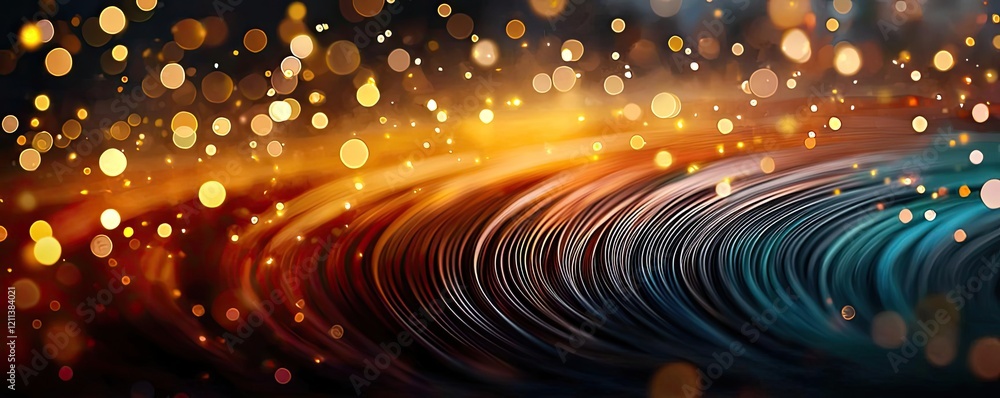Poster Rainbow holi idea. Abstract colorful waves with golden bokeh lights creating a mesmerizing visual effect.