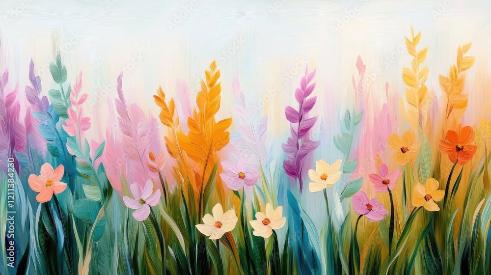 Poster pastel spring concept. a vibrant field of colorful flowers swaying gently in a soft breeze under a b