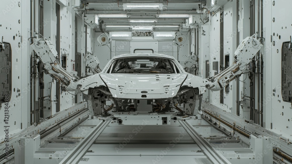 Poster automated assembly line with robotic arms working on vehicle parts.