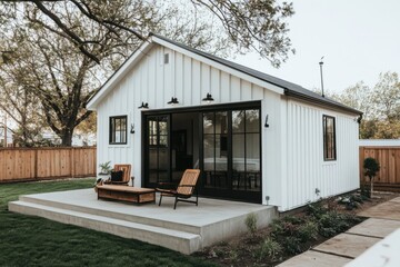 Modern white cottage with large glass doors and outdoor seating area in a serene backyard surrounded by trees in late afternoon light