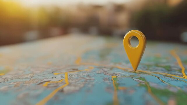 Yellow pin on map indicating location at sunrise  travel planning and navigation concept