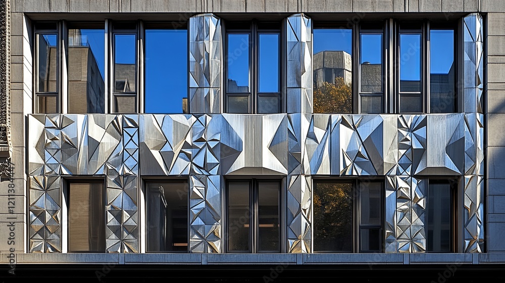 Poster modern architectural building facade featuring reflective geometric patterns under bright daylight i