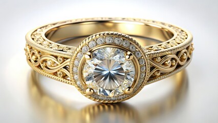 Ornate Gold Ring with a Large Central Diamond and Intricate Filigree Detailing