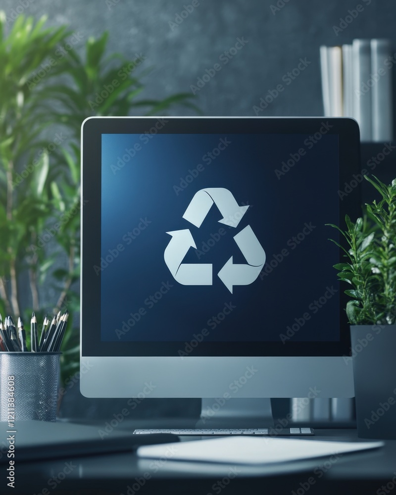 Poster a serene image of a recycle bin icon on a desktop screen, surrounded by a clean workspace