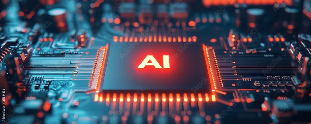 Poster close-up of a computer chip with glowing ai symbols.
