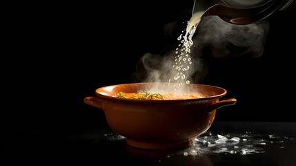 Steaming hot soup being poured from a metal can into a ceramic bowl creating a comforting and nourishing homemade meal  The soup is ready to be served and enjoyed as a tasty and satisfying dish