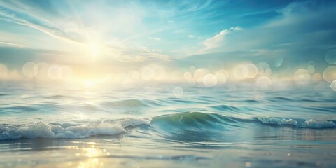 Obraz premium Serene ocean waves gently lapping the shore at sunset, illuminated by warm golden light and soft bokeh effects