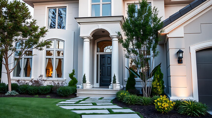 Luxury Home Exterior at Night: Elegant Architecture and Landscaping