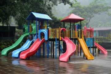 Vibrant Children's Playground with Colorful Slides Featuring Red, Blue, Green Structures Under Heavy Rain in a Serene Environment Surrounded by Lush Trees